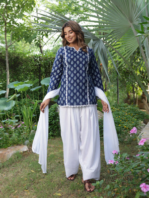 Nyla Navy Blue Cotton Farshi Salwar Suit Set