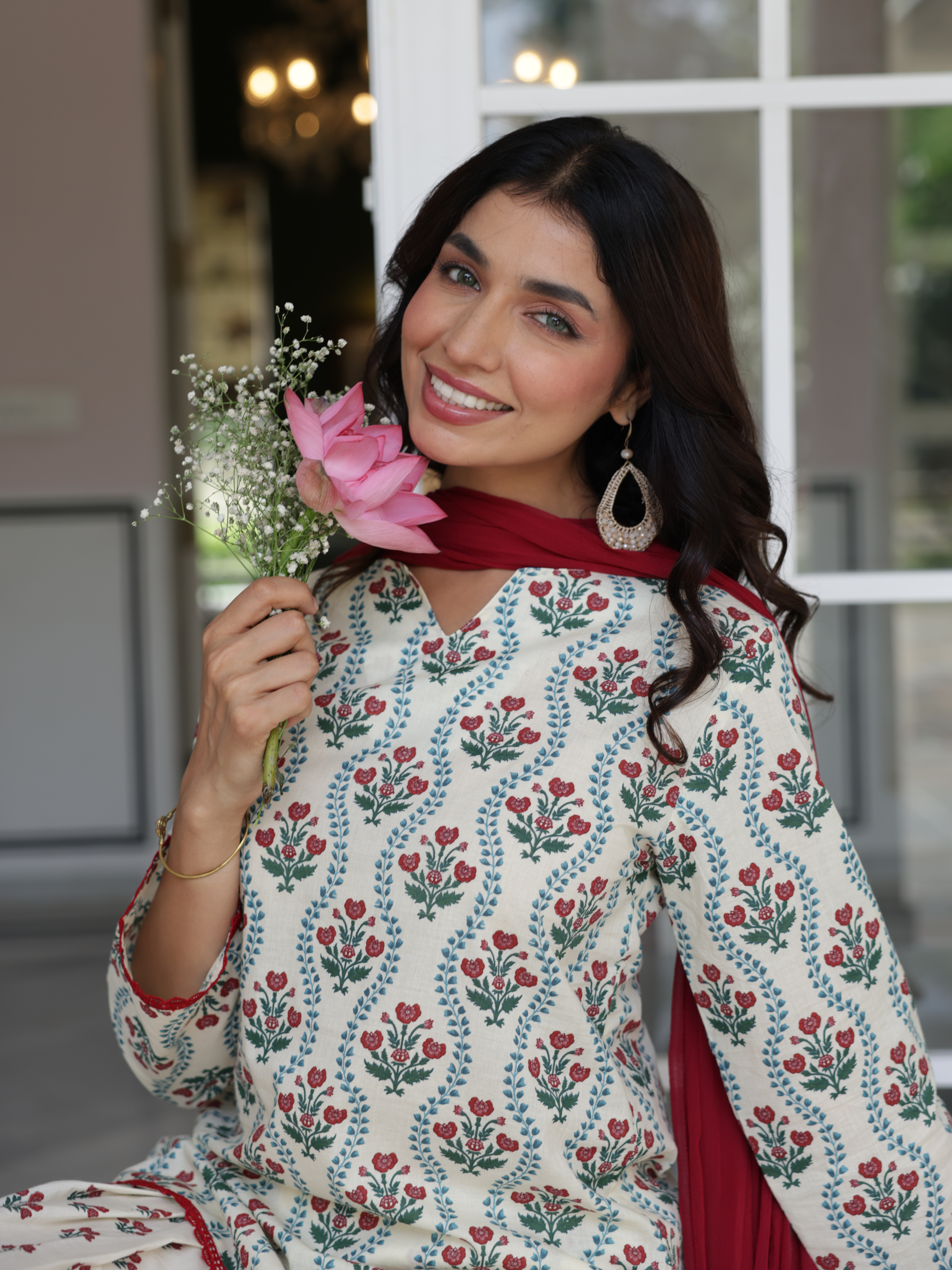 Gulnaar Ivory Floral Cotton Farshi Salwar Suit Set