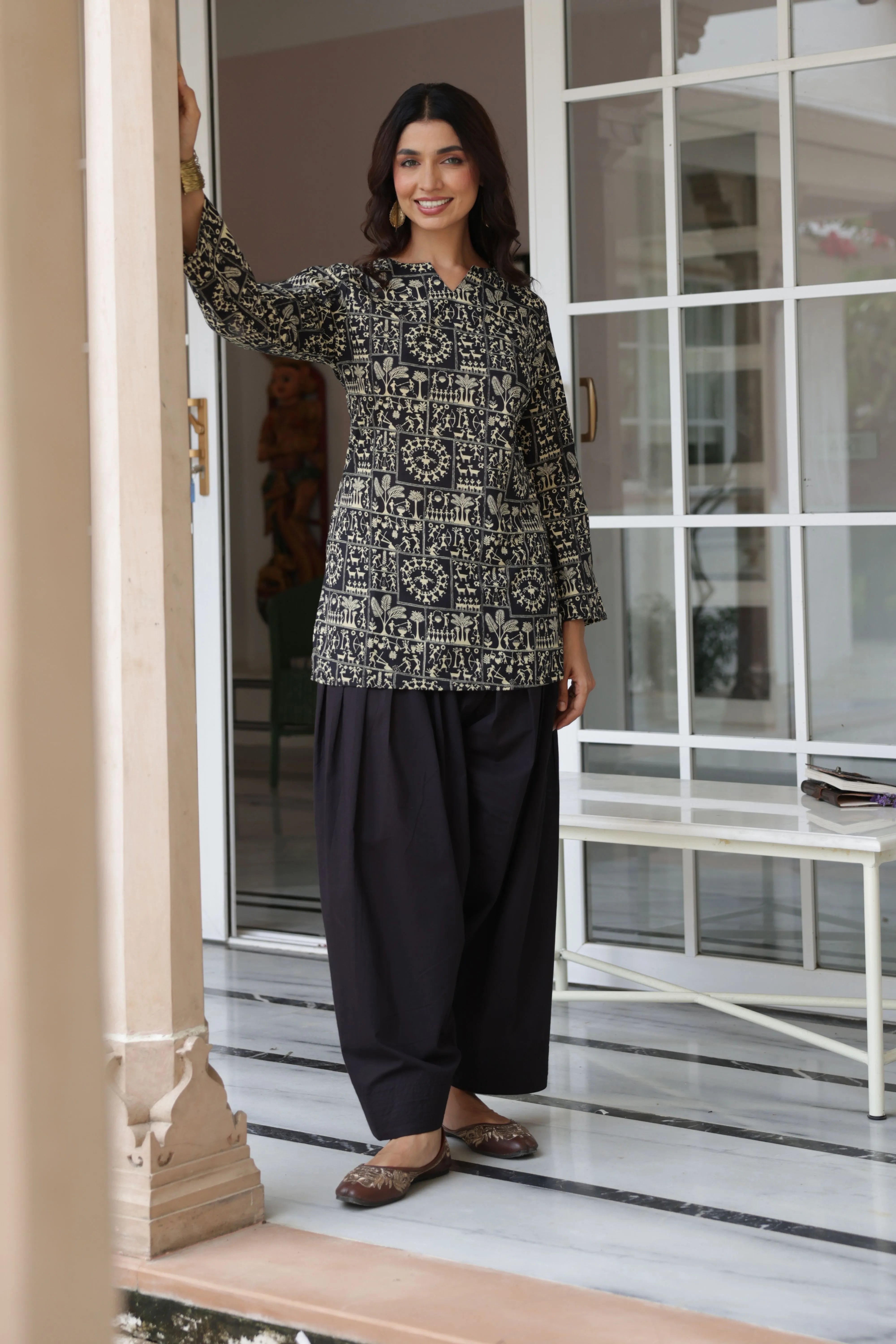 Nazm Black Printed Cotton Farshi Salwar Set