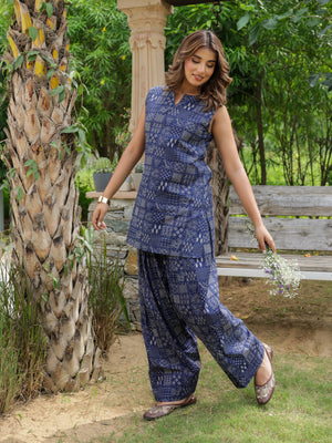 Reya Navy Blue Printed Cotton Farshi Salwar Set
