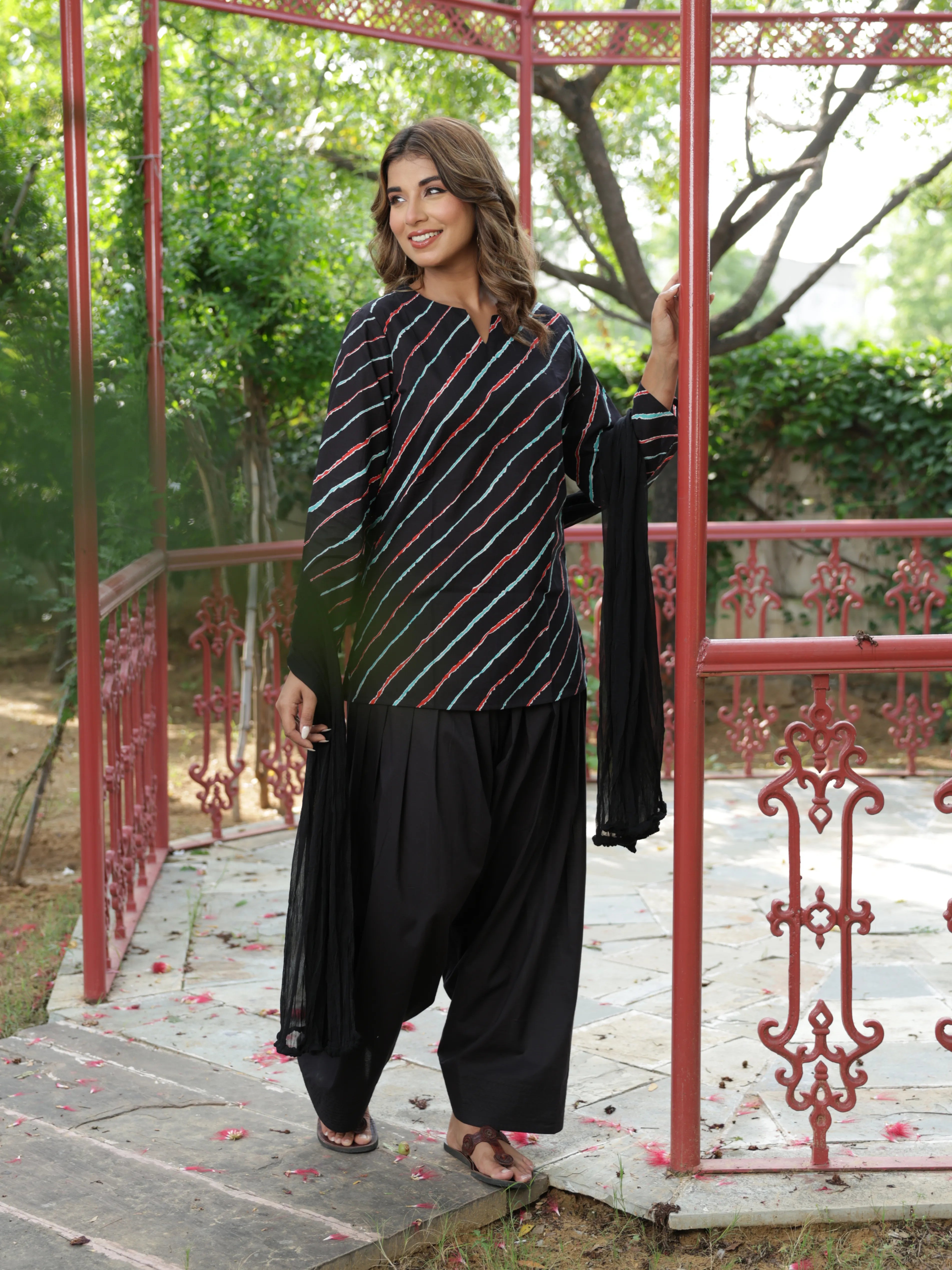 Elara Black Leheriya Cotton Farshi Salwar Suit Set