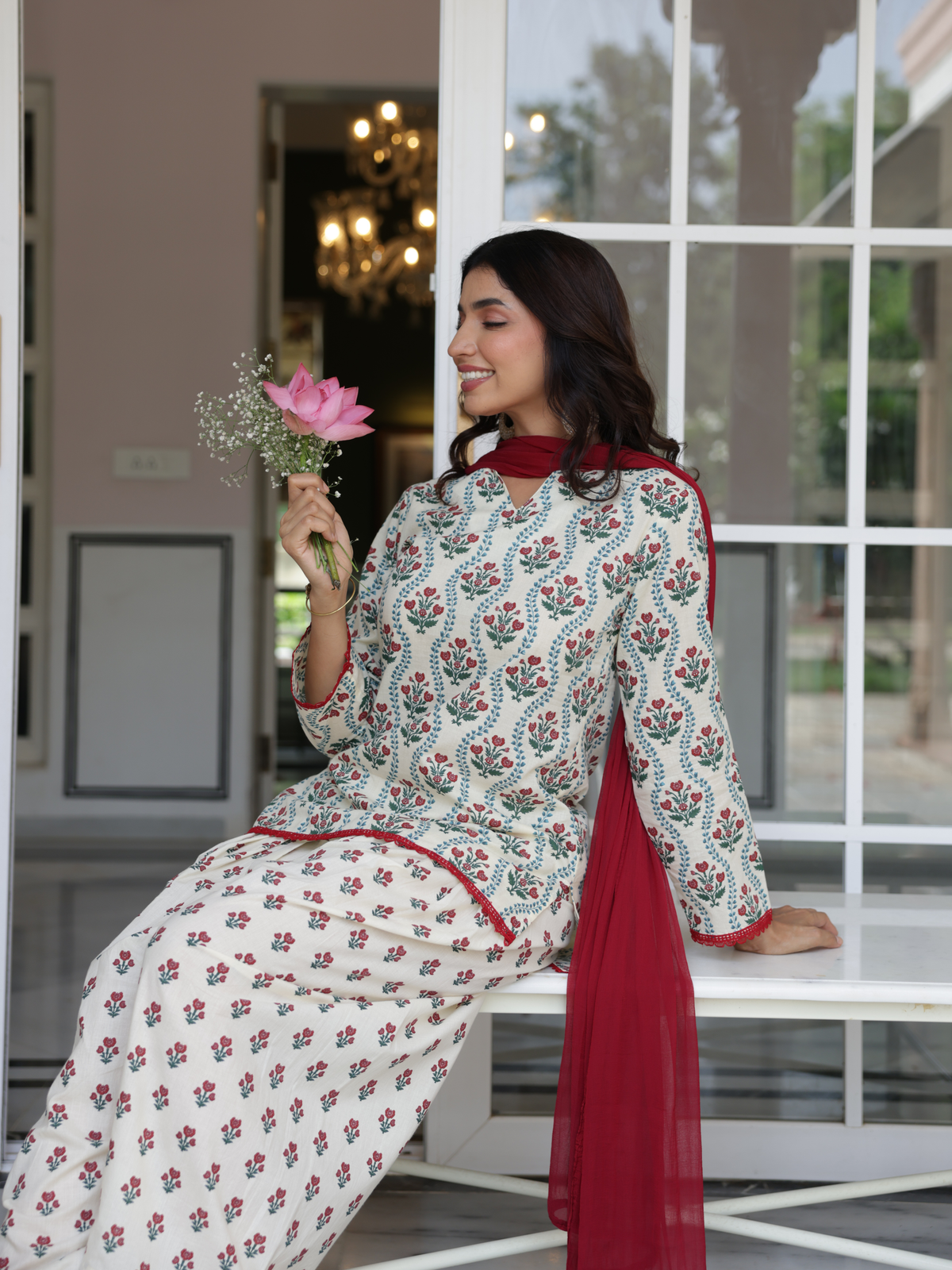 Gulnaar Ivory Floral Cotton Farshi Salwar Suit Set