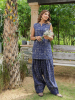 Reya Navy Blue Printed Cotton Farshi Salwar Set