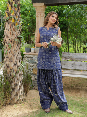 Reya Navy Blue Printed Cotton Farshi Salwar Set