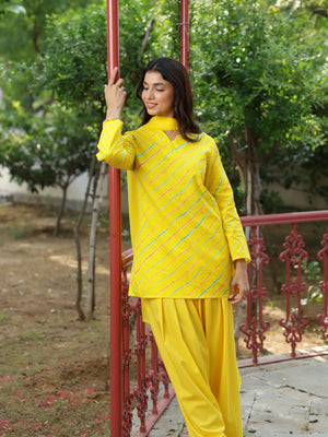 Aurelia Yellow Leheriya Cotton Farshi Salwar Suit Set
