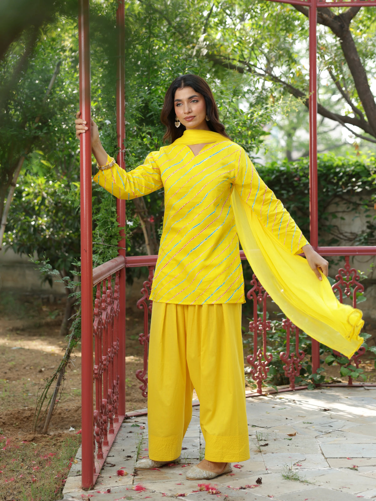 Aurelia Yellow Leheriya Cotton Farshi Salwar Suit Set
