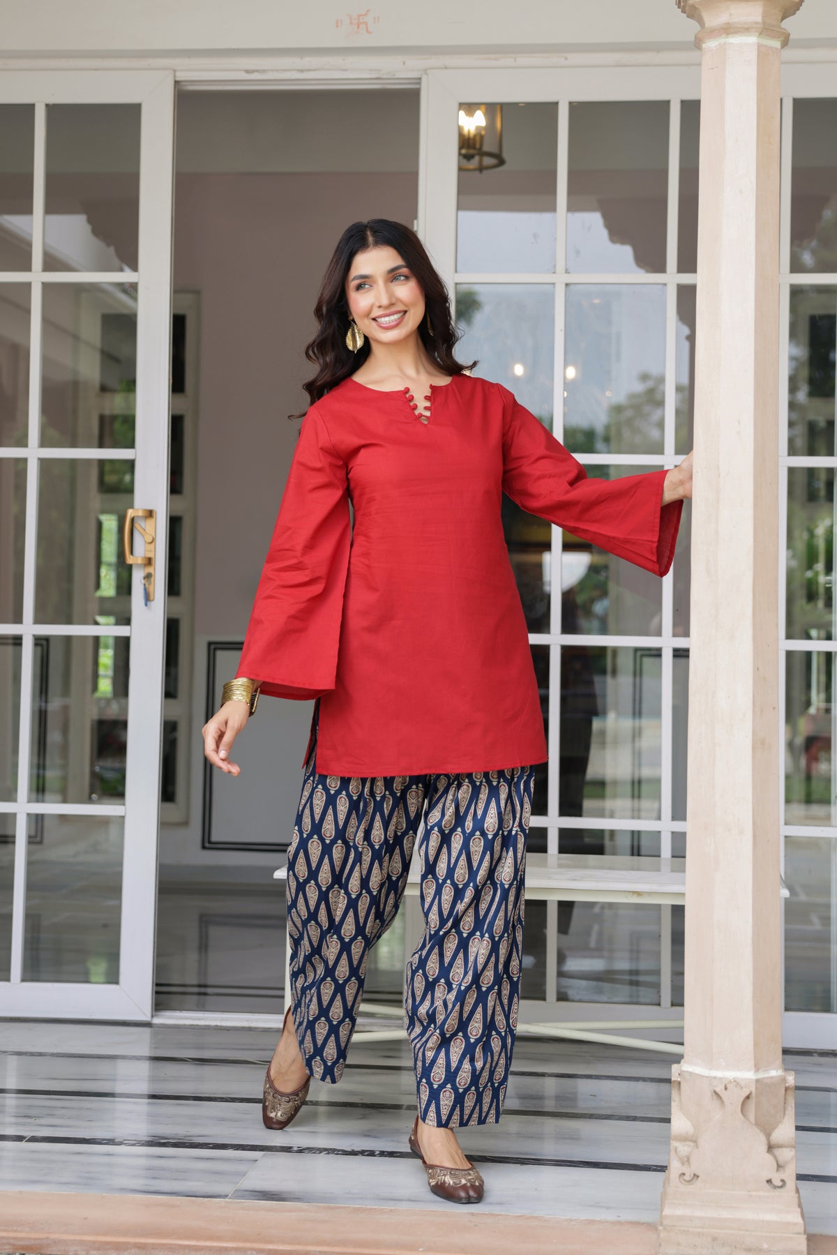 Rosalie Red Cotton Printed Farshi Salwar Set