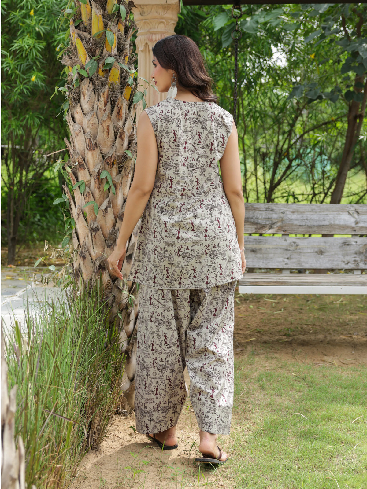 Aarika Beige Folk Print Cotton Farshi Salwar Set