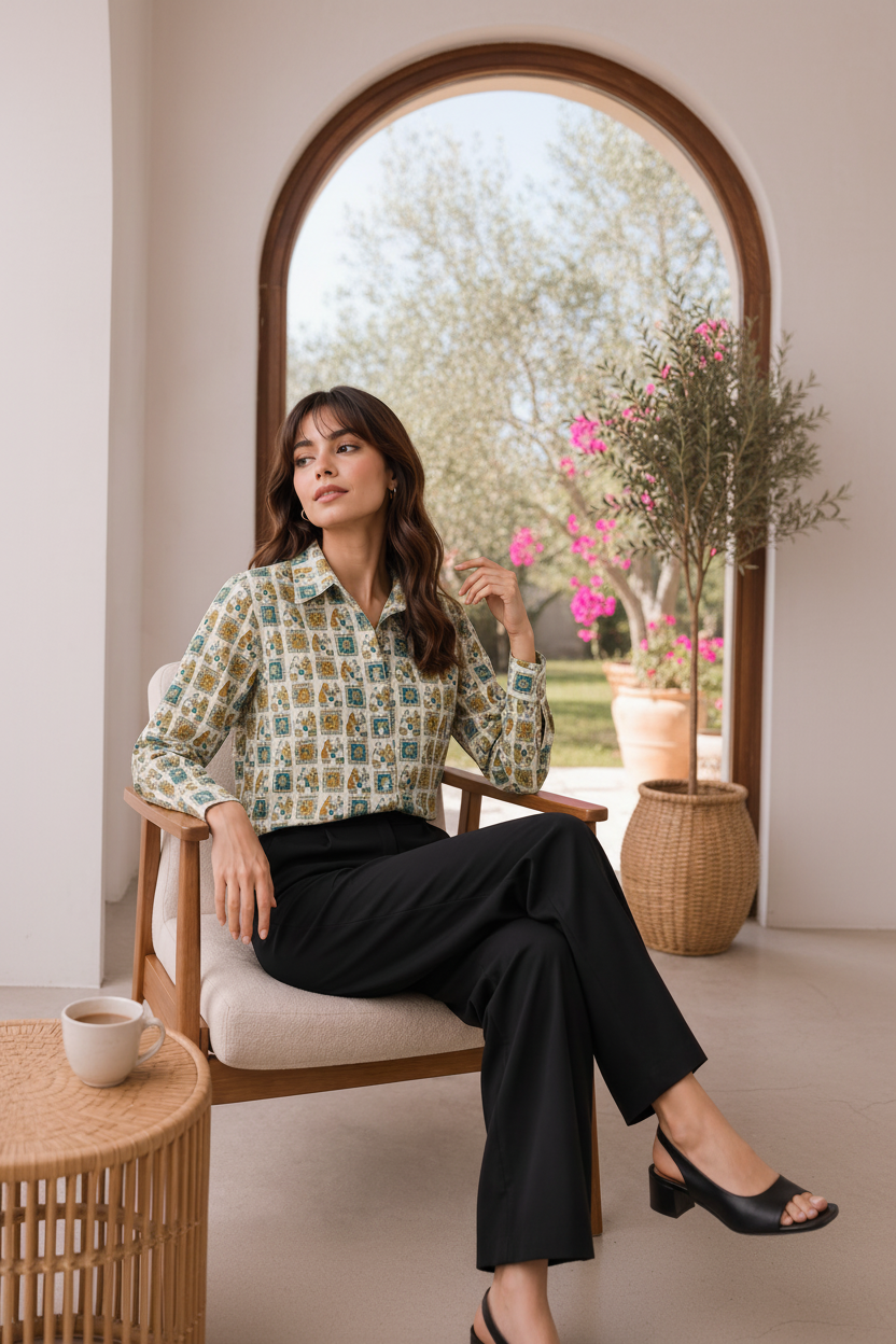A woman sits in a wooden armchair wearing a long-sleeve button-up shirt with a multicolor geometric pattern in green, blue, and beige, paired with black trousers. A small side table with a coffee cup is in the foreground, and a potted plant is in the background.