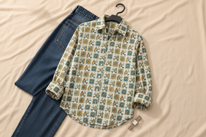 A long-sleeve button-up shirt with a colorful cartoon animal print, styled in a flat-lay arrangement with blue jeans and a watch on a beige fabric background.