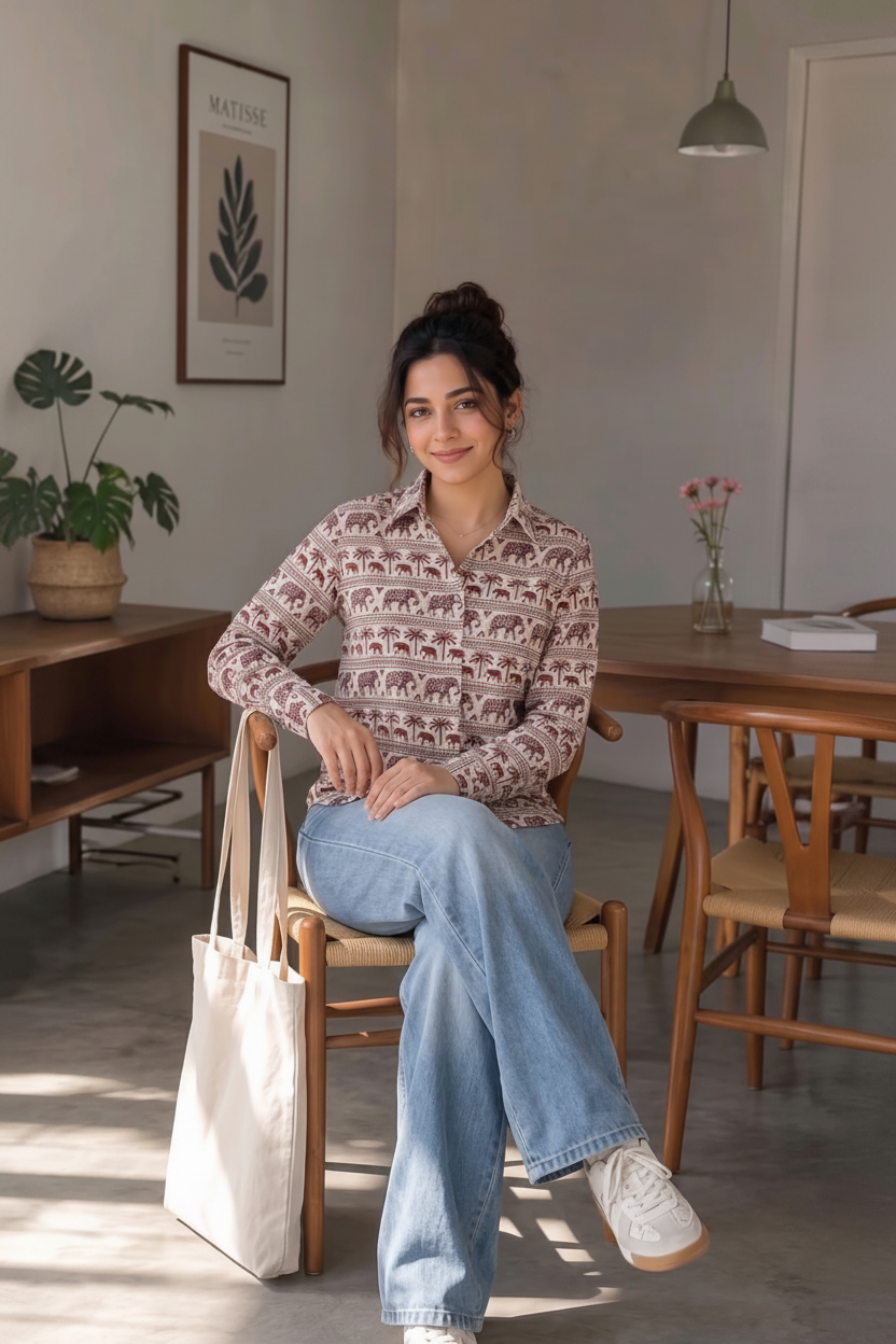 A woman sits on a wooden chair in a bright, modern room, wearing a long-sleeve button-up shirt with a brown and beige elephant pattern, light blue wide-leg jeans, and white sneakers. A cream canvas tote bag is resting on the chair next to her.