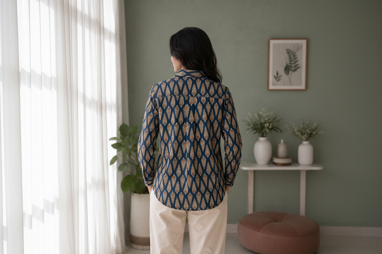 A woman viewed from behind wearing a long-sleeve button-up shirt with a navy blue and beige geometric pattern, paired with cream trousers, standing in a styled room with a green wall and plants.