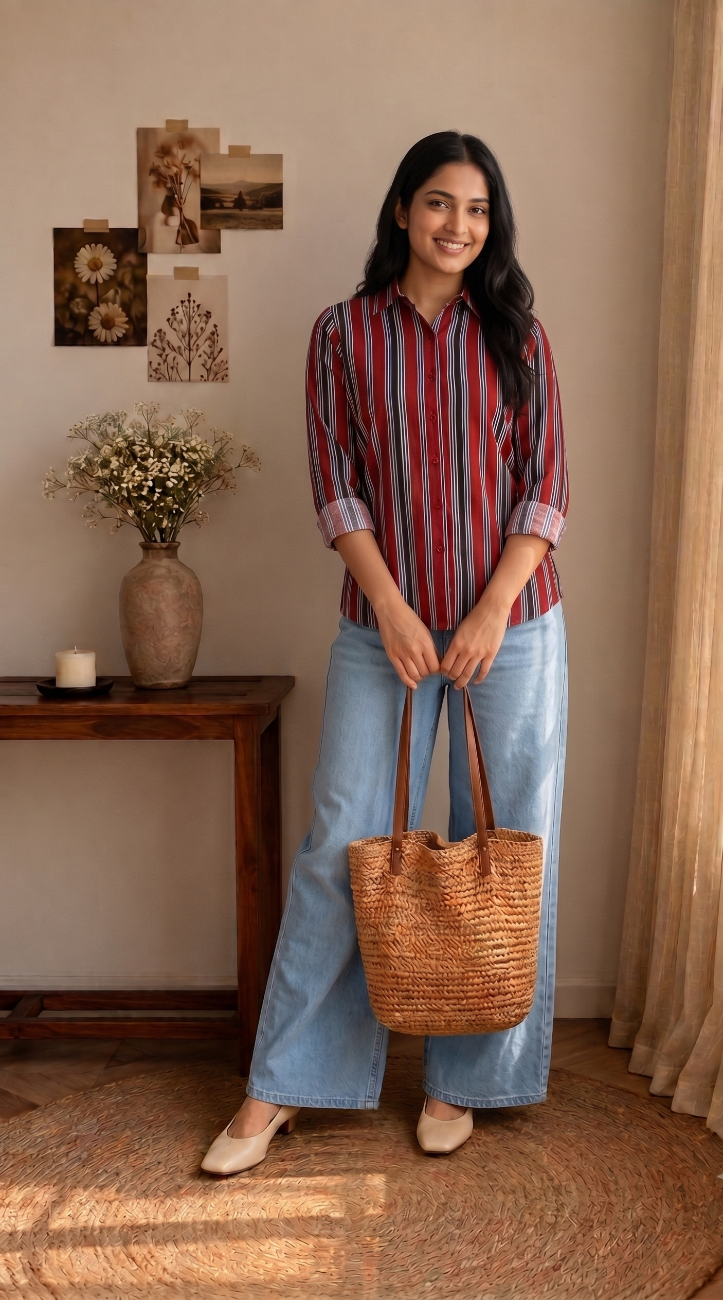 A woman stands in a sunlit room wearing a red and blue vertically striped button-up shirt, light blue wide-leg jeans, and beige flats, holding a woven straw tote bag.