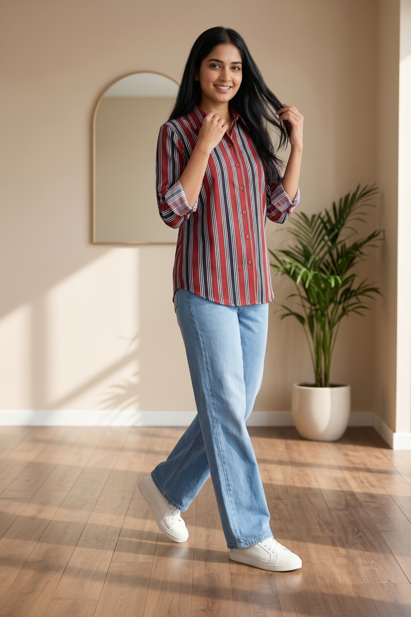 A woman stands in a sunlit room wearing a red, blue, and white vertically striped button-up shirt, light-wash blue jeans, and white sneakers.