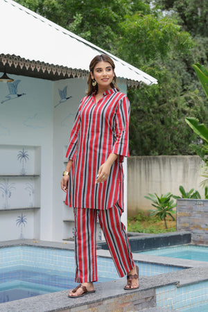 Surkh Red Striped Cotton Co-ord Set