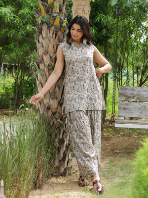 Aarika Beige Folk Print Cotton Farshi Salwar Set