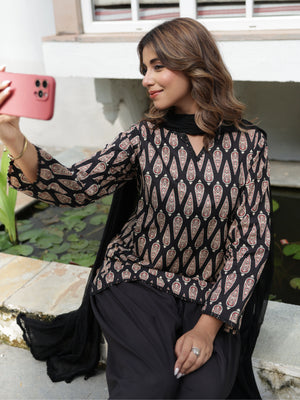 Zaira Black Paisley Cotton Farshi Salwar Suit Set