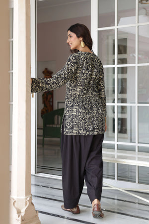 Nazm Black Printed Cotton Farshi Salwar Set