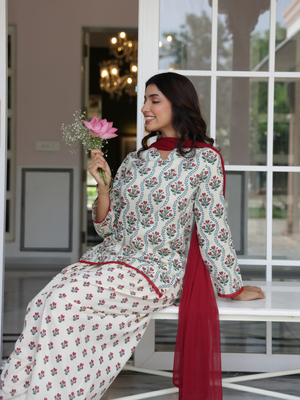 Gulnaar Ivory Floral Cotton Farshi Salwar Suit Set