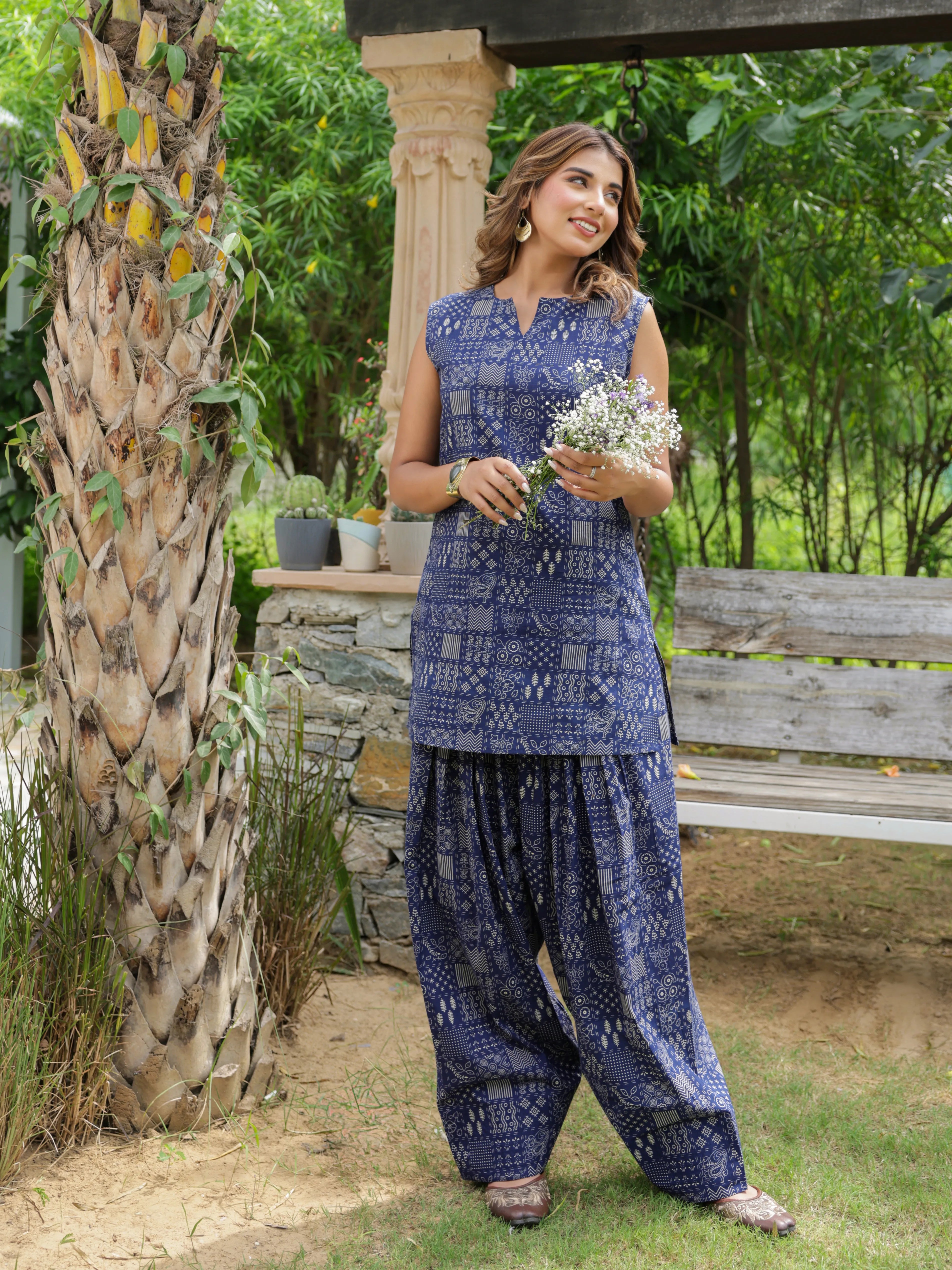 Reya Navy Blue Printed Cotton Farshi Salwar Set