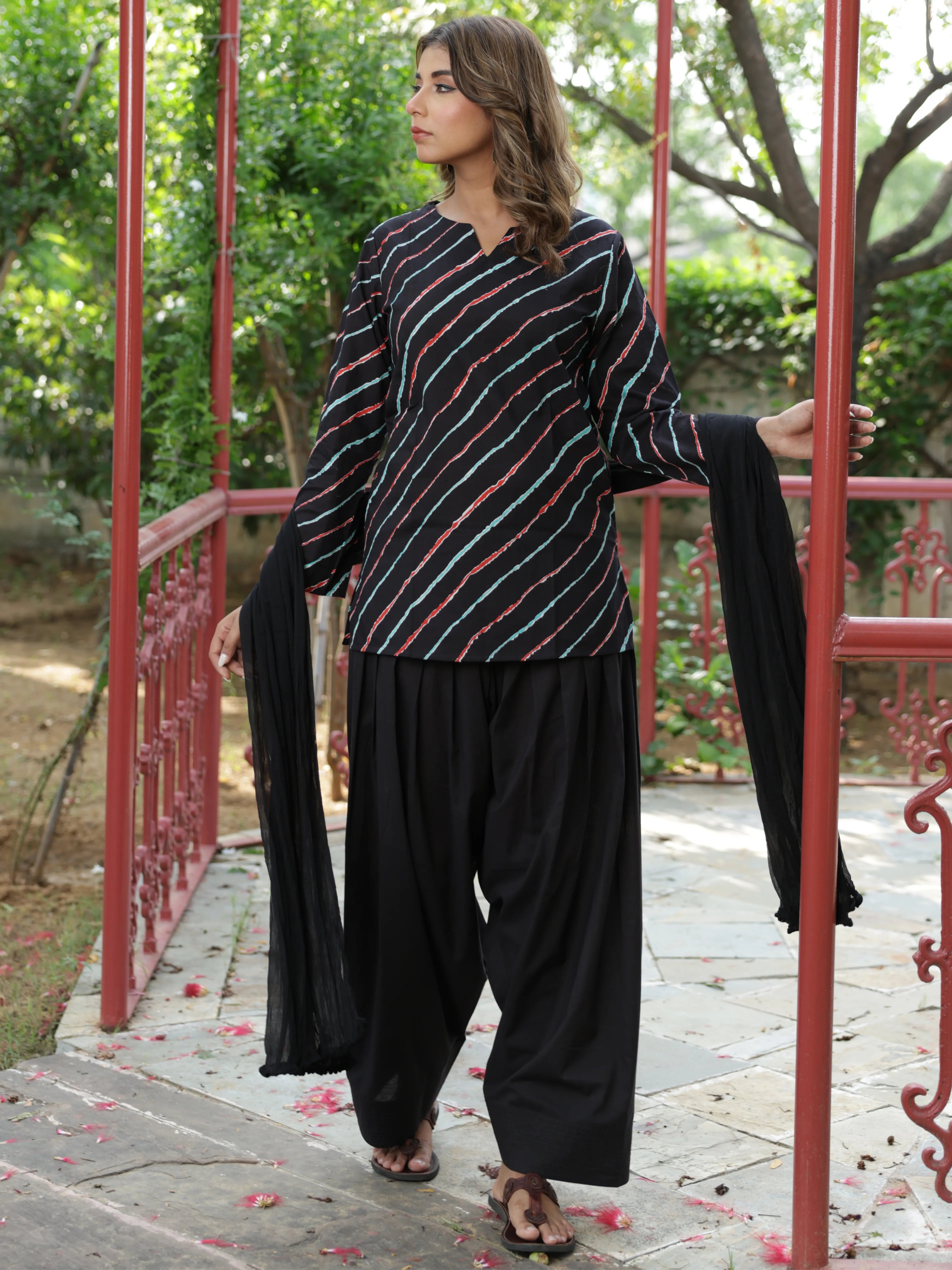Elara Black Leheriya Cotton Farshi Salwar Suit Set