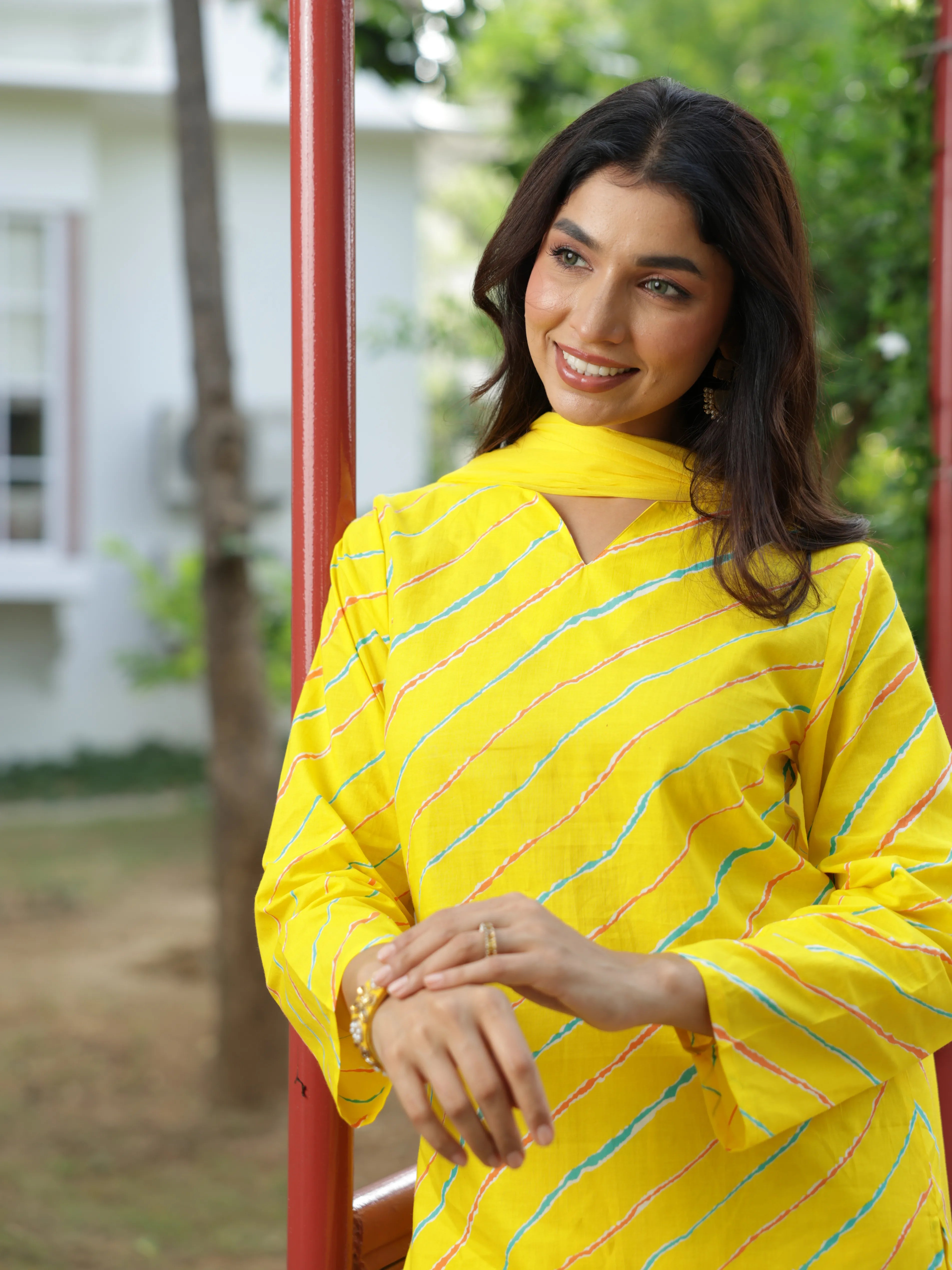 Aurelia Yellow Leheriya Cotton Farshi Salwar Suit Set