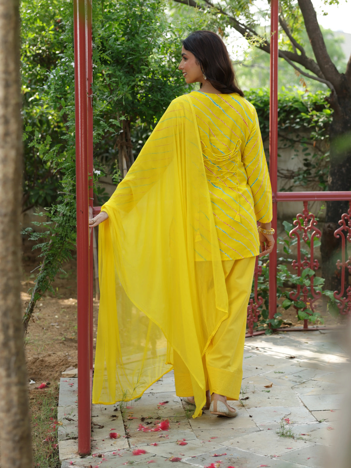Aurelia Yellow Leheriya Cotton Farshi Salwar Suit Set