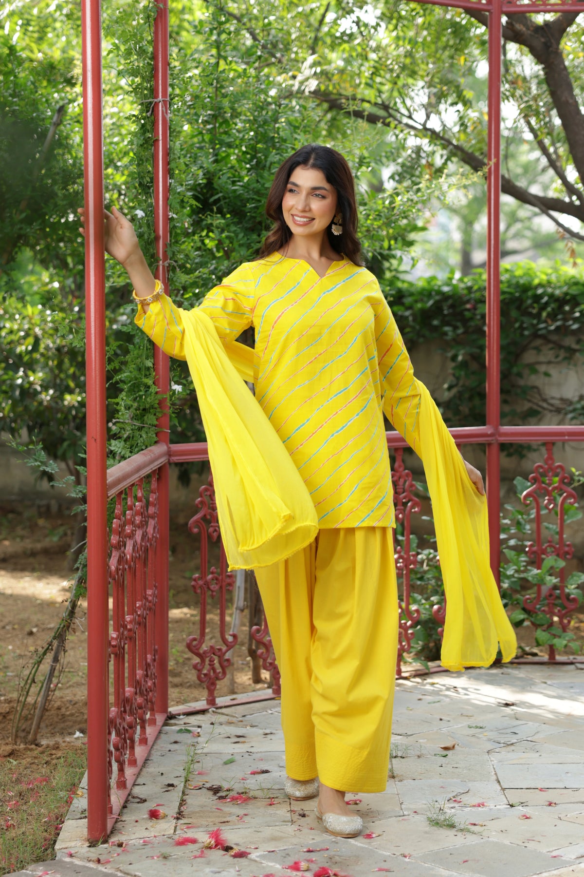 Aurelia Yellow Leheriya Cotton Farshi Salwar Suit Set full front view with flowing Farshi salwar and matching dupatta