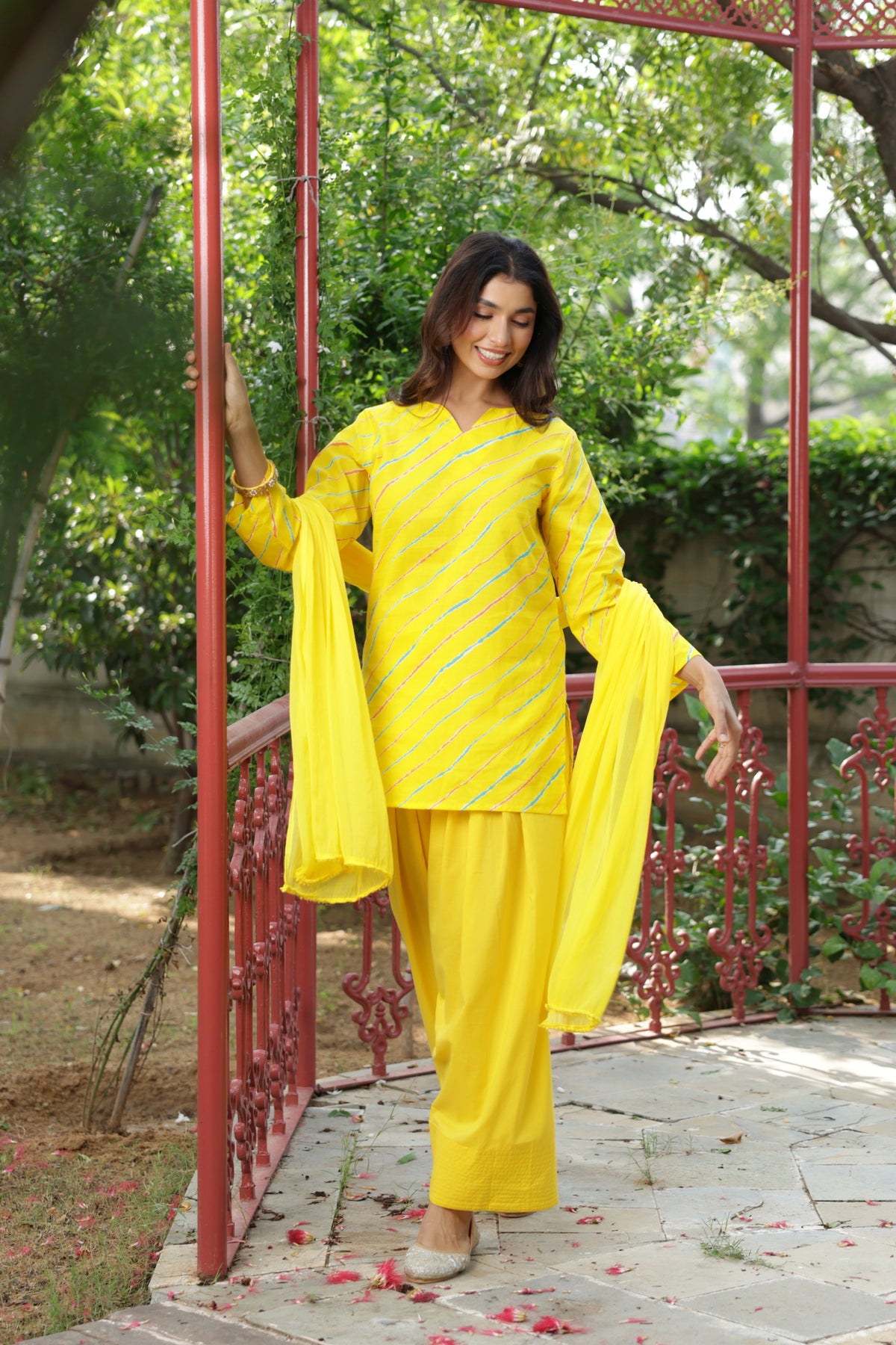 Aurelia Yellow Leheriya Farshi Salwar Suit Set front view showing multicolour diagonal Leheriya stripes