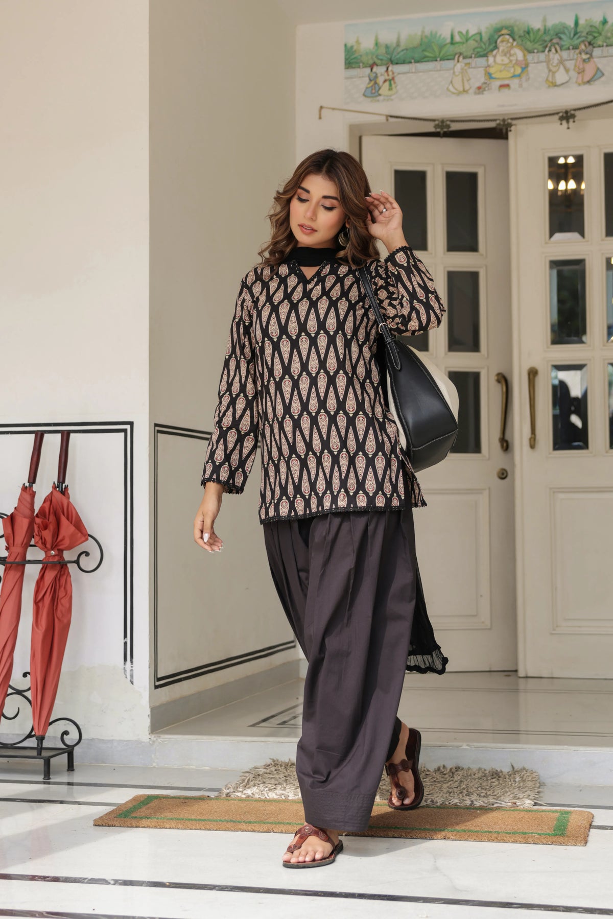 Zaira Black Paisley Cotton Farshi Salwar Suit Set