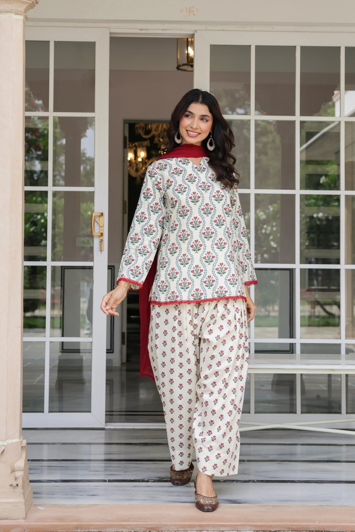 Gulnaar Ivory Floral Cotton Farshi Salwar Suit Set