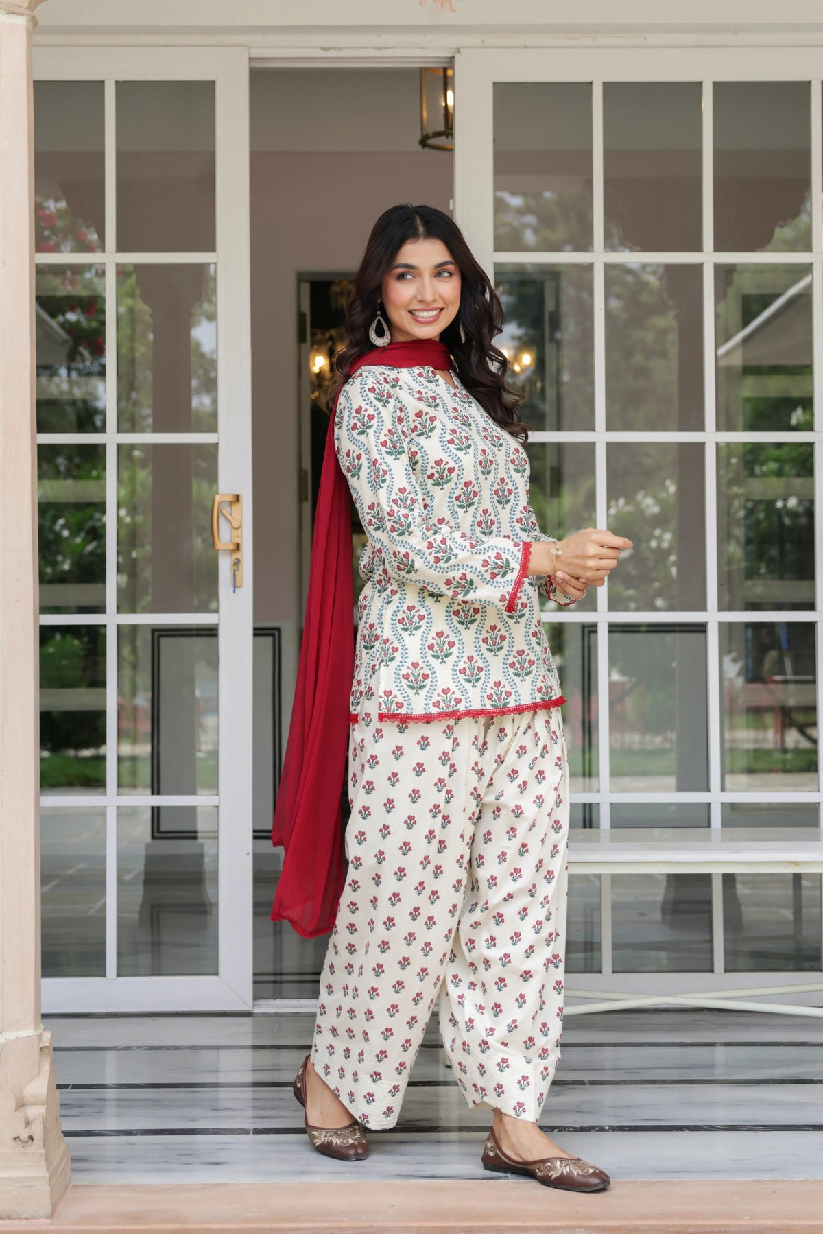 Gulnaar Ivory Floral Cotton Farshi Salwar Suit Set