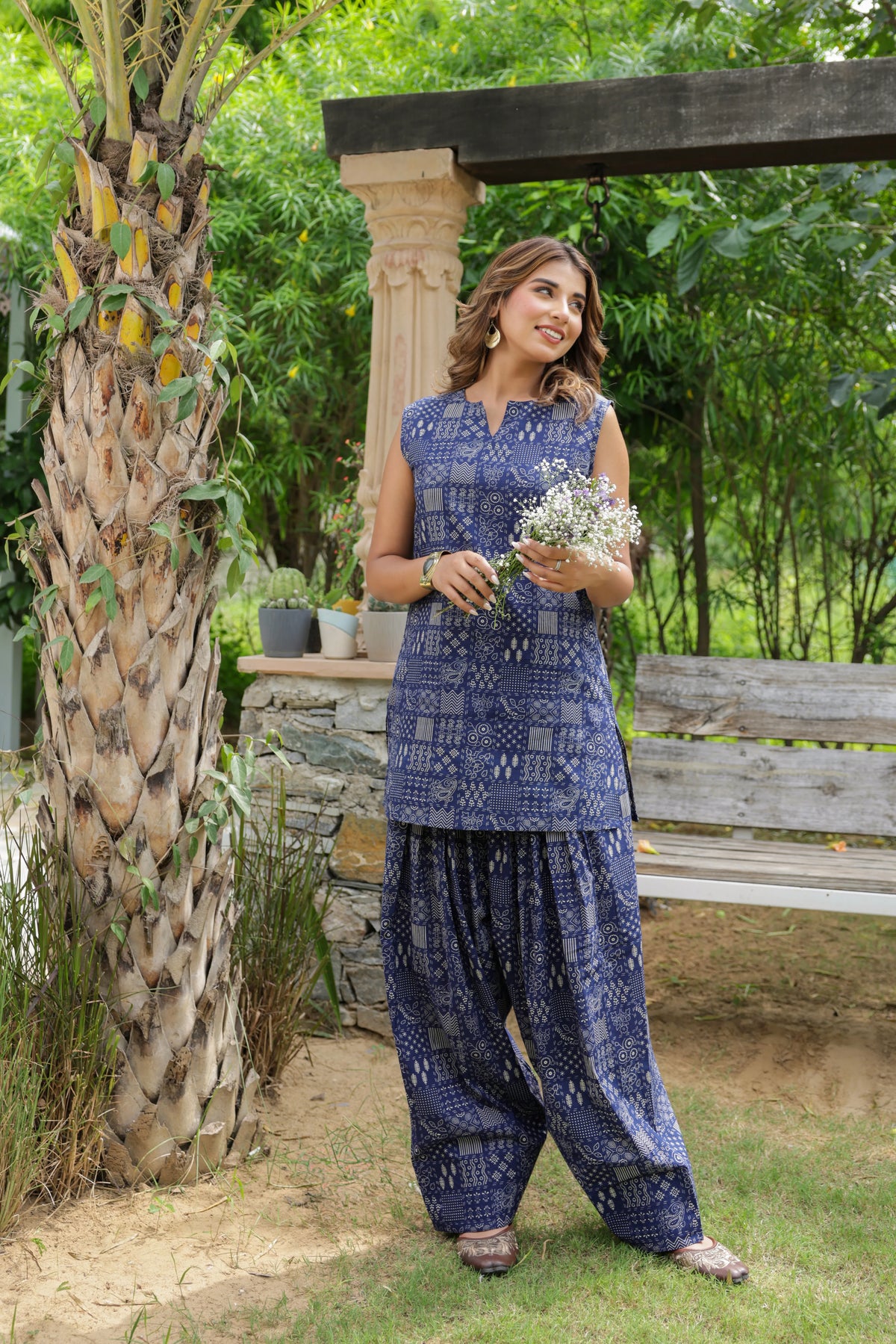 Reya navy blue cotton Farshi Salwar Set full front view with sleeveless printed kurta and flowing matching salwar