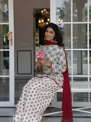 Gulnaar Ivory Floral Cotton Farshi Salwar Suit Set