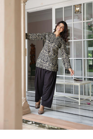Nazm Black Printed Cotton Farshi Salwar Set