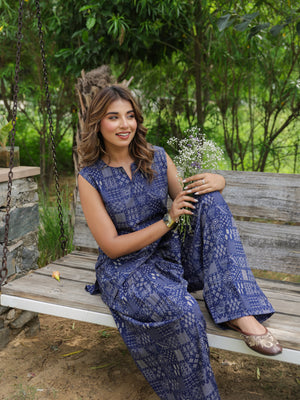 Reya Navy Blue Printed Cotton Farshi Salwar Set