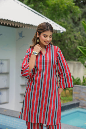 Surkh Red Striped Cotton Co-ord Set