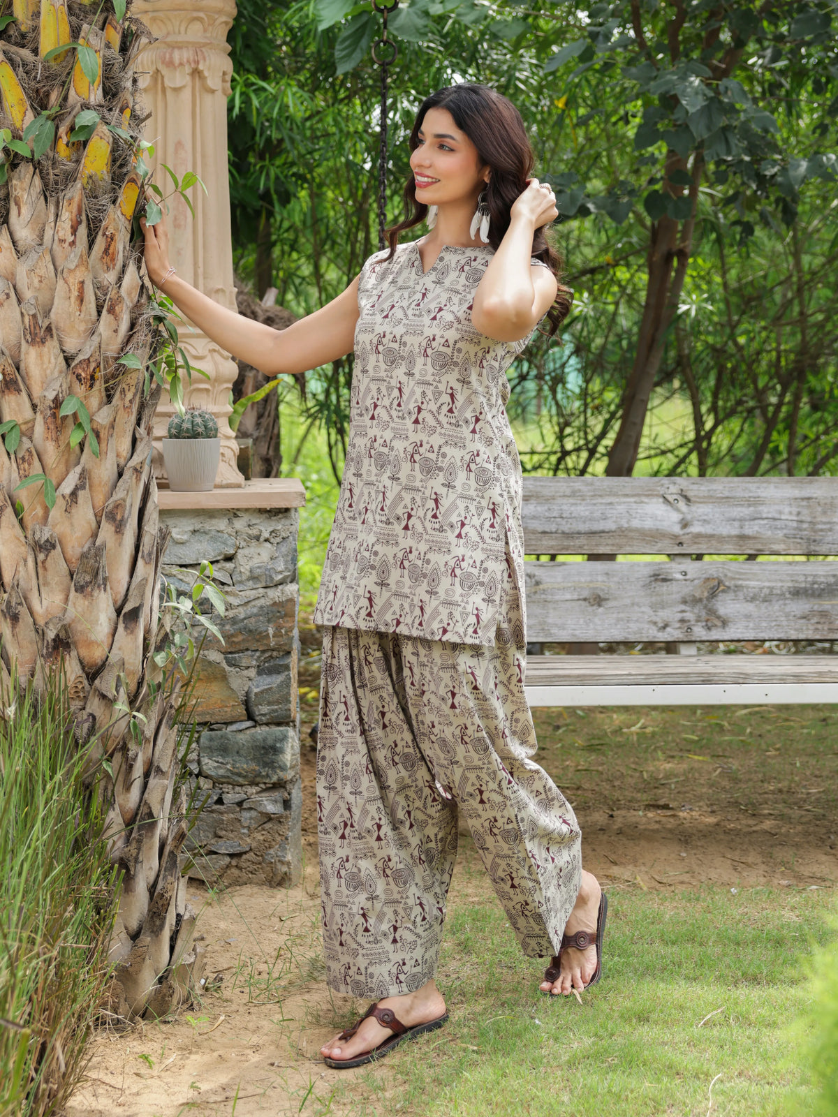 Aarika Beige Folk Print Cotton Farshi Salwar Set
