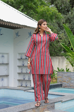 Surkh Red Striped Cotton Co-ord Set