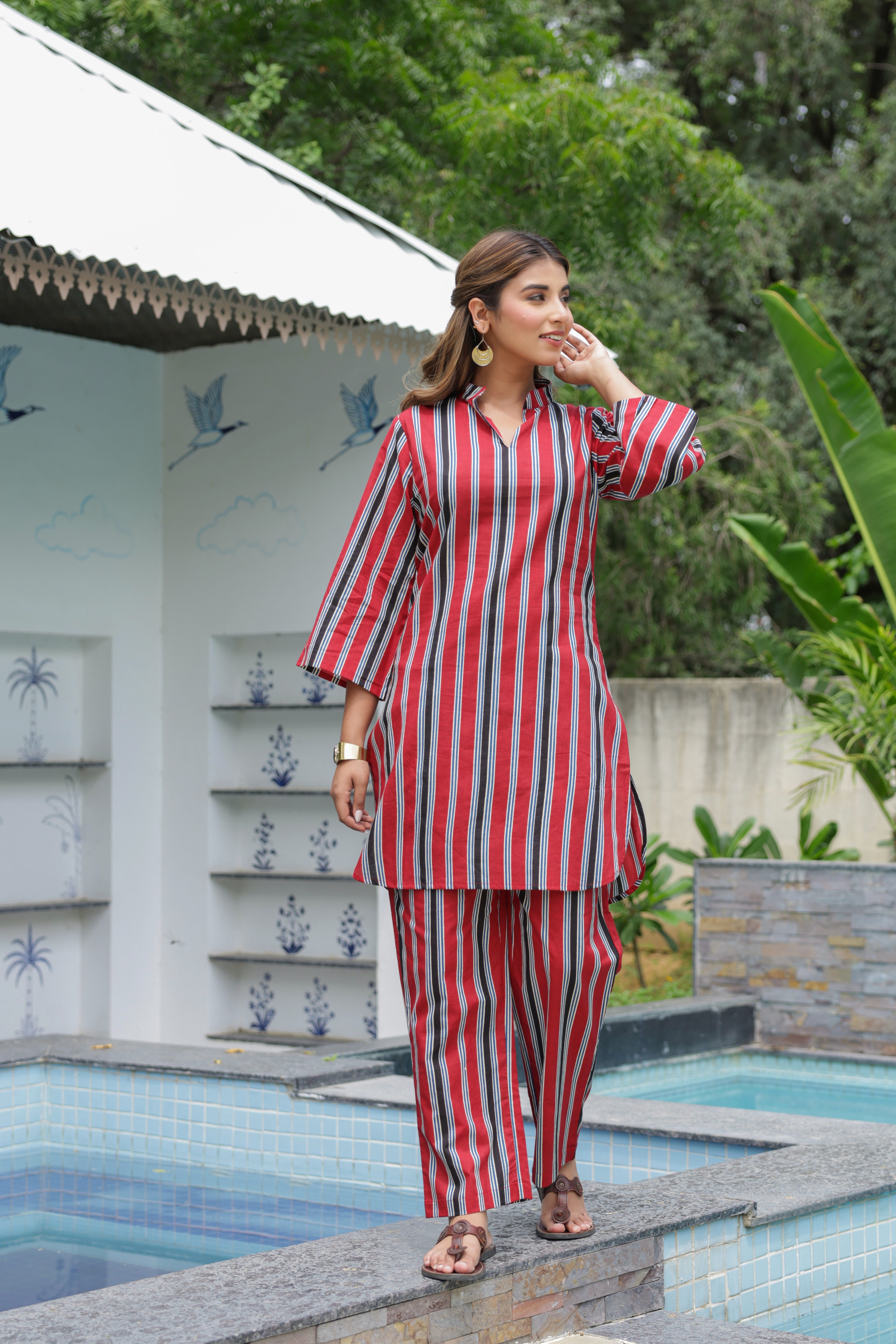 Surkh Red Striped Cotton Co-ord Set