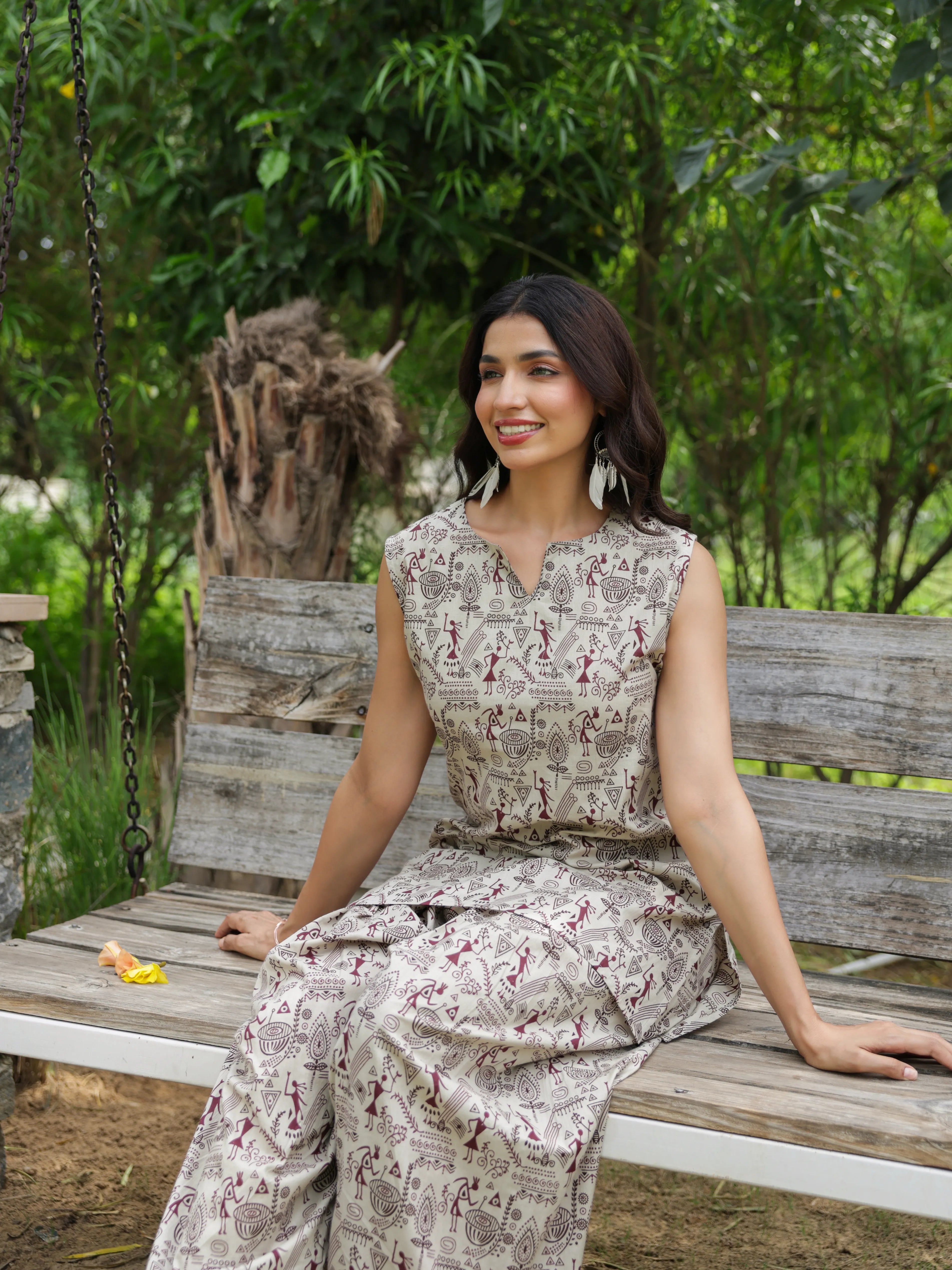 Aarika Beige Folk Print Cotton Farshi Salwar Set