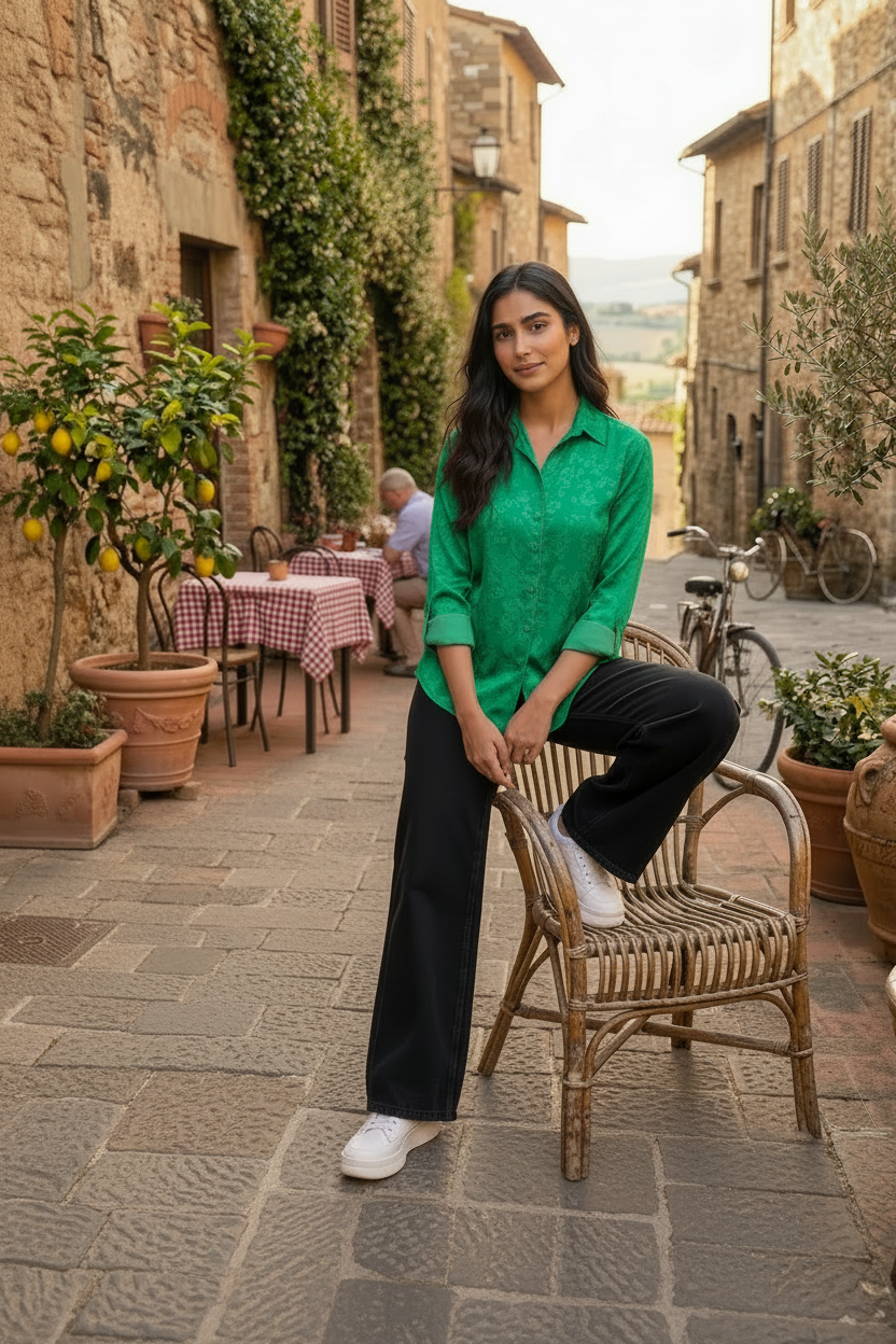 A woman posing on a rustic wicker chair in a sunlit, stone-walled outdoor restaurant alley. She is wearing a brown and black patterned button-down shirt, dark wide-leg jeans, and white sneakers.