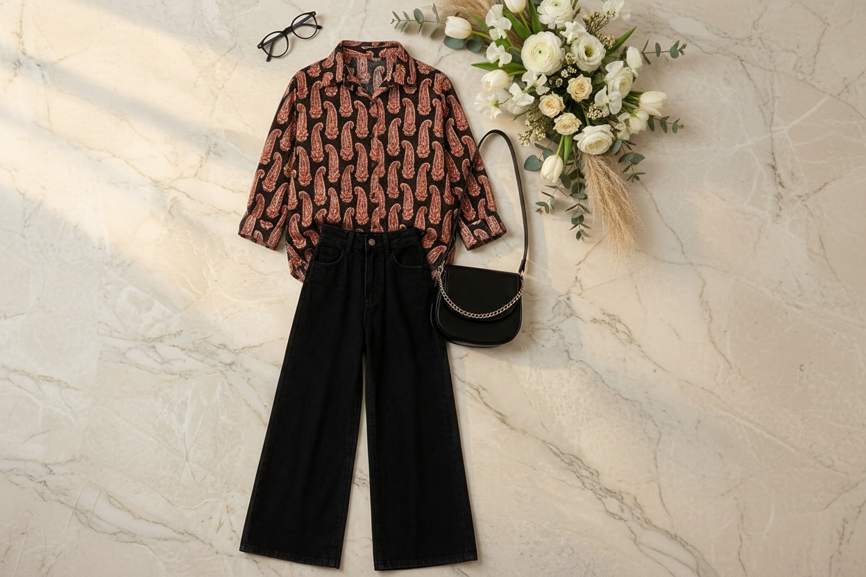 A styled flat-lay outfit featuring a long-sleeve button-up shirt with a brown and red paisley pattern on a black background, paired with black wide-leg jeans, a black crescent shoulder bag, black low-top sneakers, and black eyeglasses, arranged on a light beige marble surface with white and yellow flowers.