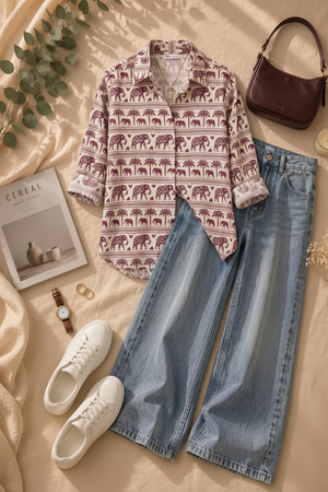 A styled flat-lay outfit featuring a women's long-sleeve button-up shirt with a brown and beige elephant print, paired with light-wash blue jeans, white sneakers, a dark brown handbag, and a watch, arranged on a beige fabric background with decorative props.