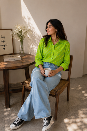 A woman sits on a wooden chair in a sunlit room, wearing a bright lime green striped button-up shirt, light blue wide-leg jeans, and black sneakers. She holds a white mug next to a round wooden table with a vase of dried flowers.