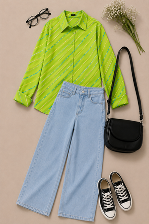 A styled flat-lay outfit featuring a neon green long-sleeve button-up shirt with diagonal stripes, paired with light blue wide-leg jeans, a black shoulder bag, black and white sneakers, and black eyeglasses on a beige background with small white flowers.