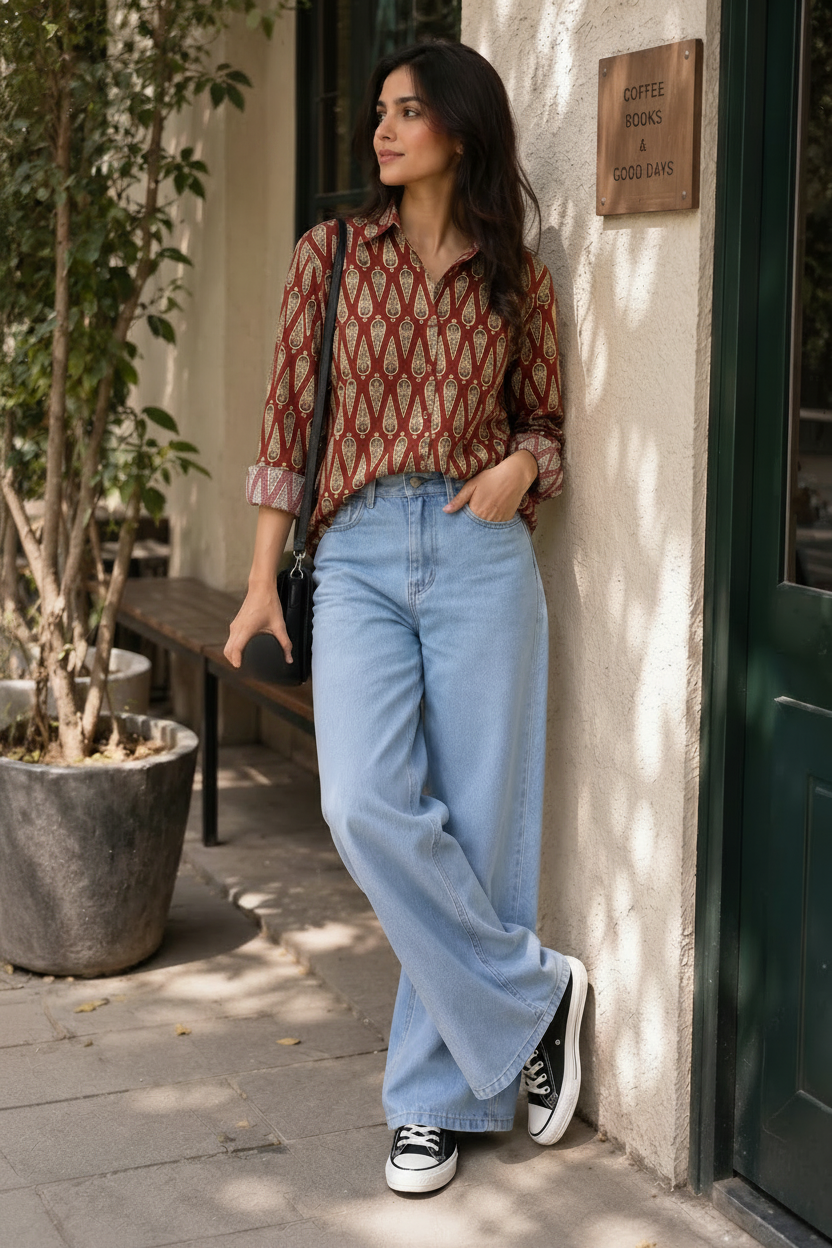 A woman stands outdoors against a beige wall next to a dark green door, wearing a red and brown patterned button-up shirt, light blue wide-leg jeans, black sneakers, and carrying a black shoulder bag while holding a white coffee cup.