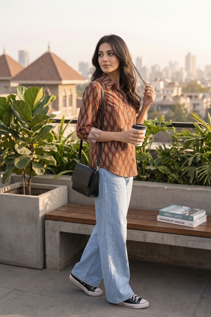 A woman stands on a rooftop terrace wearing a rust-orange patterned button-up shirt, wide-leg light blue jeans, and black canvas sneakers. She is holding a coffee cup and carrying a black shoulder bag.