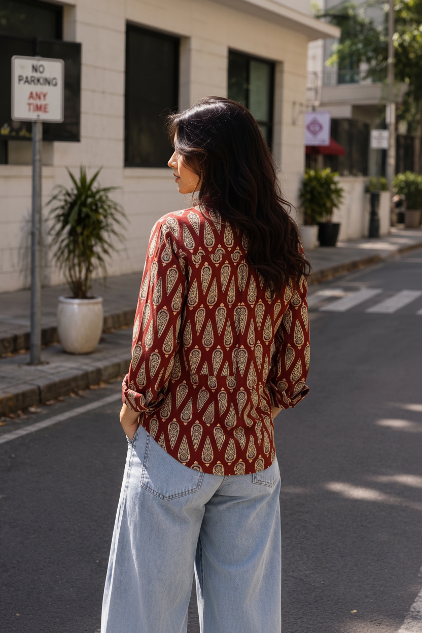A woman stands on a city street wearing a rust red and beige paisley patterned button-up shirt and light blue jeans, photographed from behind.
