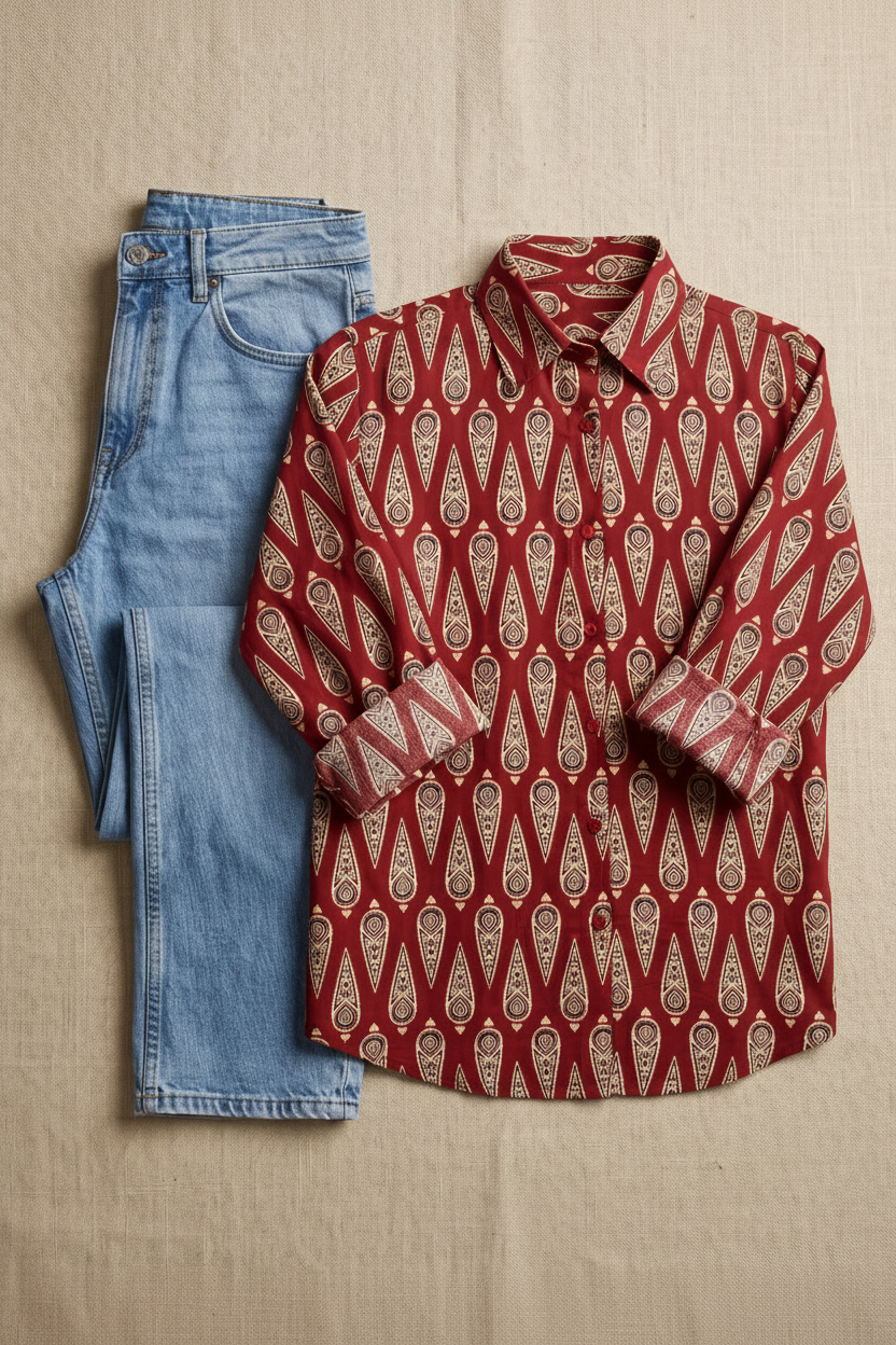A red long-sleeve button-up shirt with a beige and brown geometric pattern, styled flat-lay next to a pair of light blue jeans on a beige fabric background.